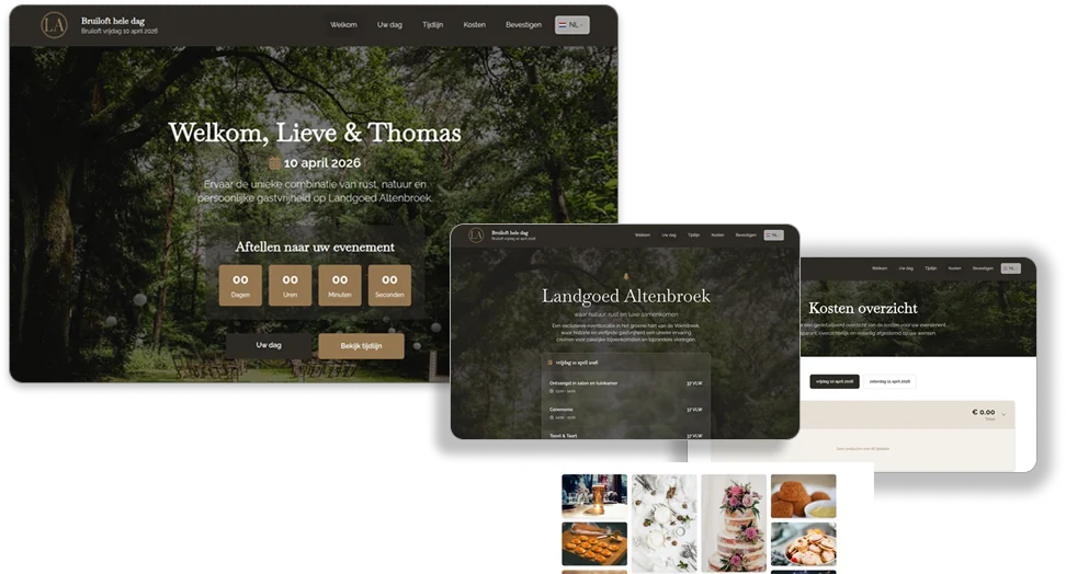 Een branded offerte-website: welkomstscherm ‘Welkom, Lieve & Thomas’ met een sfeerfoto, plus de tabbladen sfeer proeven en kostenoverzicht