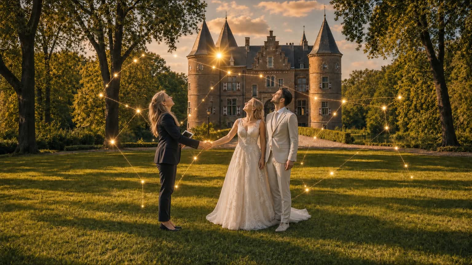 Een eventmanager schudt de hand van een bruidspaar voor het kasteel, terwijl een sterrenbeeld van licht boven hen zweeft