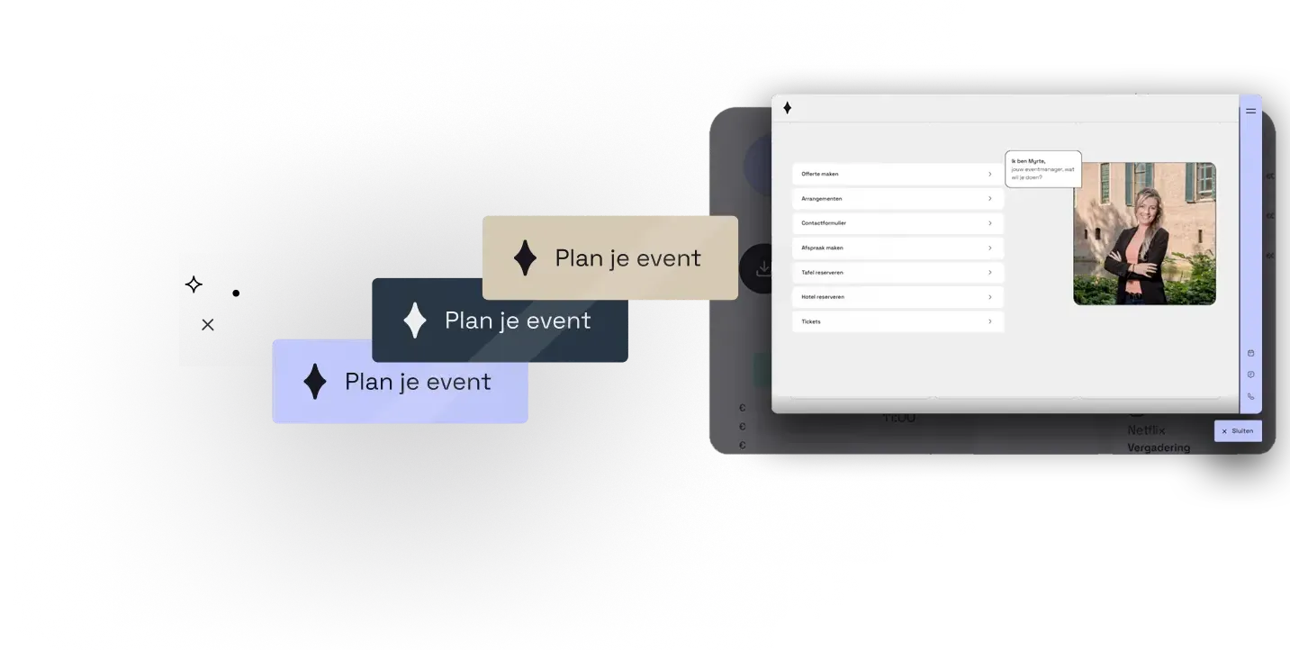 De Constell sales widget op de website van een locatie: de gast kiest een module, ziet direct beschikbaarheid en wordt verwelkomd door de eventmanager