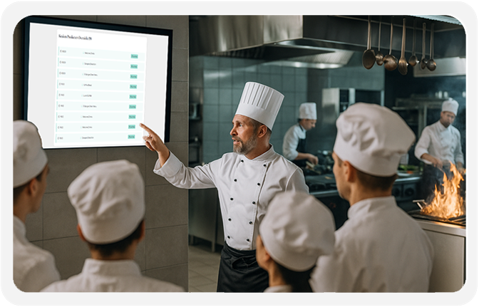 Chef presenteert keukensheets aan keukenteam voor gestroomlijnde planning en communicatie